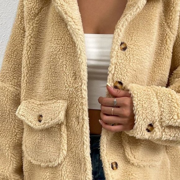 fall winter casual button teddy faux fur button down coat trending - Picture 5 of 6